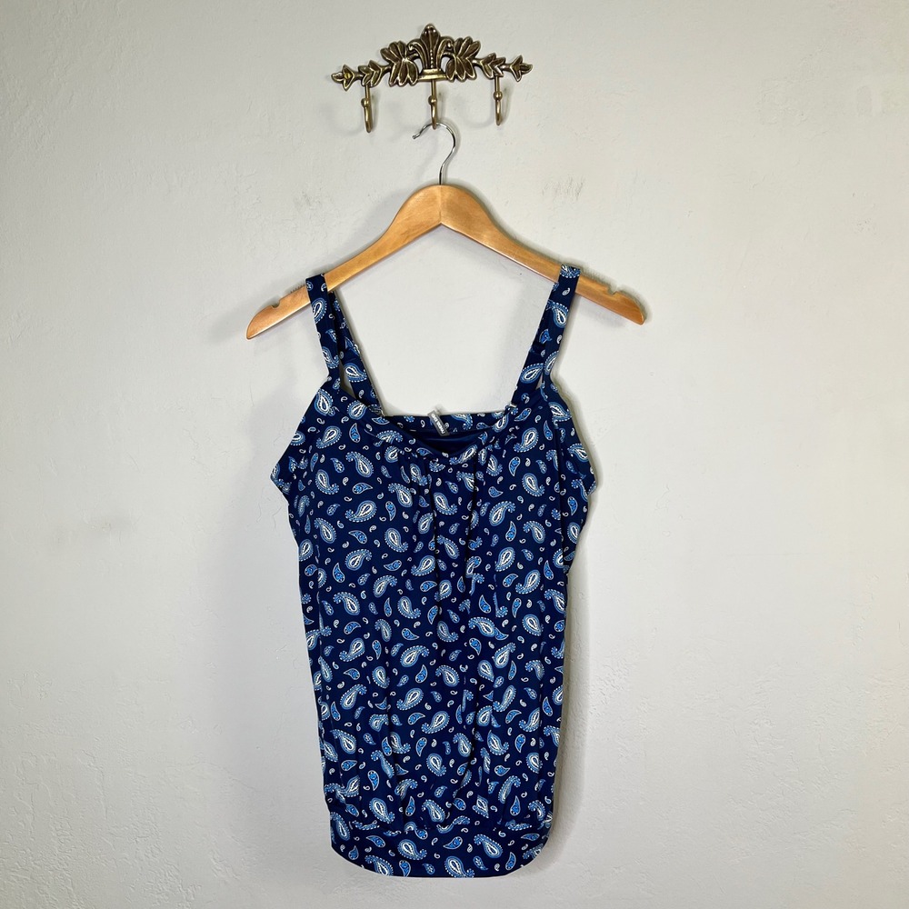 Lands' End Swimsuit Tankini Top Paisley Women Size 10 DDD Blue Bra Strappy